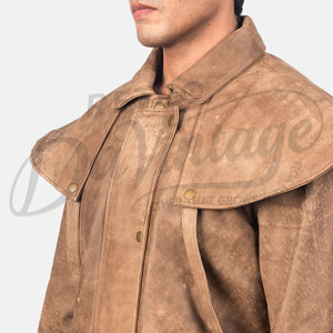 Manteau long en daim marron pour homme, style western cowboy, véritable daim, avec cape aux épaules - Product Image 2