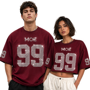 Y2K Bling Customized <b>Rhinestone</b> Boxy Fit American Football Jersey Unisex Sparkly Streetwear Crop <b>Top</b> and Oversize Tee <b>Mesh</b> Wear - Product Image 1
