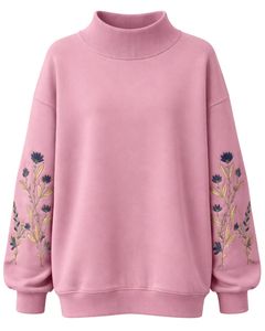 Sudadera de Forro Polar Rosa Personalizada para Mujer, Cuello Alto, Bordado Floral, Informal, Cálida para Invierno, Algodón y Poliéster, Corte Holgado - Product Image 1