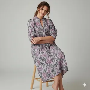 Robe midi bohème en coton à imprimé floral pour femmes, avec manches bouffantes, coupe ample, col en V, robe d'été décontractée - Product Image 1