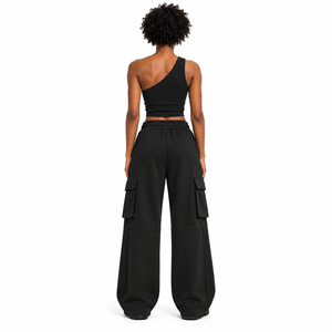Ensemble deux pièces décontracté pour femme, printemps, noir, éco-responsable, avec haut court asymétrique à une épaule et pantalon cargo ample à jambes larges, taille élastique - Product Image 6