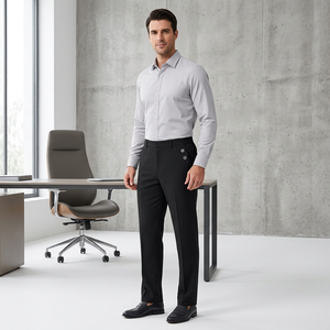 Pantalon habillé noir coupe droite pour homme, taille mi-haute, longueur complète, braguette boutonnée, 100 % polyester, infroissable, hiver/été, devant plat - Product Image 2