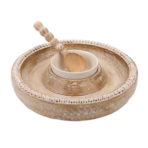 Chip de madera de mango con cuentas y bandeja de inmersión con cuenco de cerámica y cuchara de madera Plato decorativo para servir aperitivos - Product Image 1