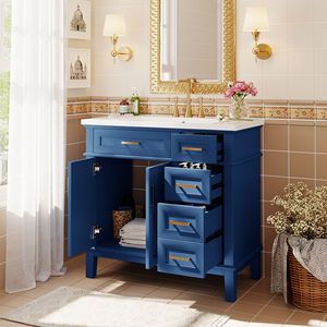 Mobile Bagno Moderno da 36 Pollici con Lavabo in Resina, 2 Ante Soft-Close, 4 Cassetti e Elegante Mobiletto a 2 Ante per Bagno - Product Image 2