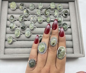 Natural Prehnite Brass Silver Plated Handmade Gemstone Oval Bezel Setting <b>Ring</b> Unisex Designer Trendy - Product Image 5