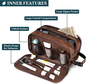 Leather <b>Cosmetic</b> <b>Case</b> Medium Size Zipper Closure Multi Function Classic Style Travel Toiletries Organizer Bag - Product Image 5