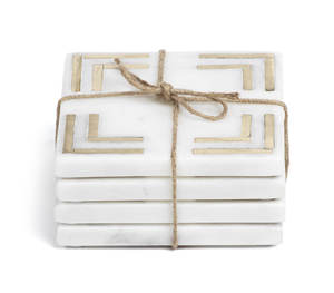 Square White Marble Coasters with Gold Inlay Geometric Corner Design <b>Set</b> of 4 Luxury Stone Drink <b>Mats</b> - Product Image 2