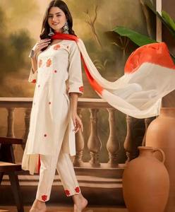 Conjunto de traje bordado de algodón suave de primera calidad para mujer, kurta, pantalón y dupatta con bordado fino, ropa étnica al por mayor, ropa festiva y de oficina. - Product Image 1