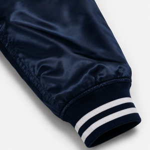 Navy Satin Varsity Jacket Men Embroidered Logo Front Preppy Style Autumn Regular Fit Turn-down Collar - Product Image 5
