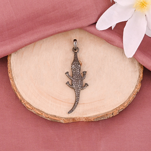 Pendentif Lézard en Argent Sterling 925 Plaqué Rhodium Noir, Diamants Naturels Pavés, Style Vintage, Taille 60x18MM - Product Image 2