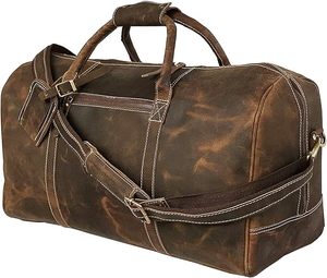 Sac de voyage unisexe en cuir véritable avec bandoulière réglable, grande capacité, style vintage, fermeture éclair - Product Image 1