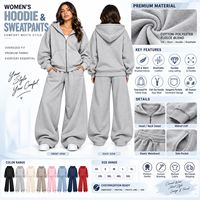 Ensemble survêtement rose à capuche pour femme, pantalon large et sweat-shirt oversize zippé, deux pièces, tenue décontractée streetwear