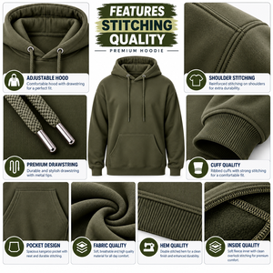 Sudadera con Capucha para Hombre, Color Verde Oliva, Bordada, Manga Raglán, Bolsillo Canguro, Informal, 100% Algodón Felpa - Product Image 4