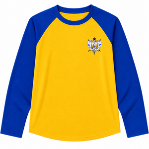 T-shirt Raglan Femme Sigma Gamma Rho Sorority – Décontracté, Bleu et Or Contrastant, Manches Longues, Broderie du Blason, Color Block - Product Image 3