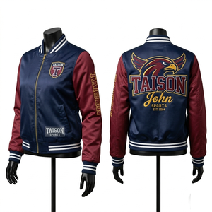 เสื้อแจ็คเก็ตบอมเบอร์ผู้หญิง ผ้าซาตินคุณภาพสูง สีเขียวและสีเทาตัดกันที่แขนเสื้อ ปักลายเชนิลล์ ปักโลโก้ เสื้อแจ็คเก็ตผู้หญิง - Product Image 2