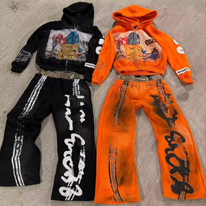 Ensemble sweat à capuche et pantalon de survêtement épais pour homme, avec broderie strass effet vieilli, style vintage délavé soleil et délavé à l'acide - Product Image 4