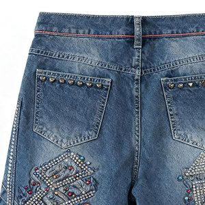 Shorts en jean tricoté coupe droite pour homme, taille mi-haute, effet usé, broderie boutonnée, respirant, séchage rapide, 100 % coton, sportif, décontracté, été - Product Image 5