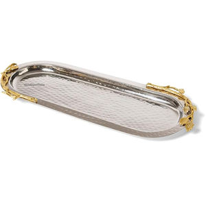 Bandeja Moderna Ovalada Plateada con Diseño Martillado y Asa Única en Forma de Hoja Dorada, Ideal para Restaurantes y Servicios de Catering - Product Image 1