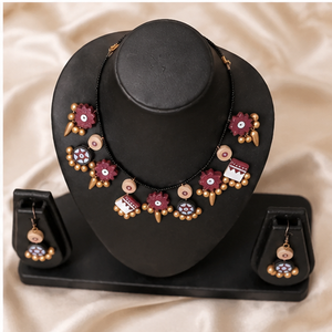 Folk Art <b>Sewing</b> Textile Necklace and Earring Set Painted Floral Wedding Statement Jewelry for Women Gifts - Product Image 4