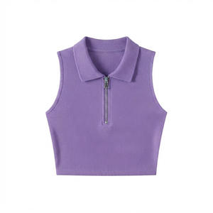 Women's Mint Green Ribbed Knit Sleeveless Tank <b>Tops</b> O-Neck Zipper Front Hip Hop Solid Color Short Length Eco-Friendly Tassel - Product Image 6
