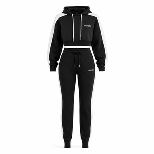 Winter Solid Crop <b>Top</b> Women 2 Piece Hoodies Jogger Set 100% Cotton Thick 360gsm Rhinestone Embroidery Fleece Streetwear Boxy - Product Image 1