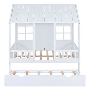 Letto a capanna in legno a grandezza naturale con letto estraibile singolo, divano letto in legno bianco per bambini - Product Image 3
