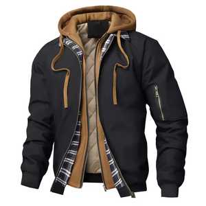 Men's Hooded Bomber <b>Jacket</b> Casual Zipper Front Stand Collar <b>Fleece</b> <b>Lining</b> Windproof Polyester Cotton Winter Wear - Product Image 4
