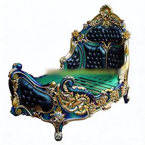 Cama de Madera de Teca y Caoba Francesa de Estilo Barroco, Tallada a Mano, Acabado Dorado, Color Azul Verde Antiguo, Lujosa y Celestial, Hecha en Indonesia, en Oferta - Product Image 4