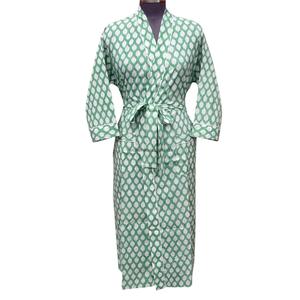 Green Floral Print Breathable Full Length <b>Robe</b> <b>Women</b> V-Neck Long Sleeve 100% Cotton Casual Wear Belt Closure High Quality Quick - Product Image 1