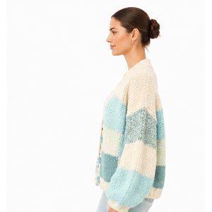Cardigan en tricot color block pour femme, manches longues, col rond, boutonnage frontal, style décontracté pour l'automne, 100 % acrylique, tricoté à la main, manches bouffantes - Product Image 1
