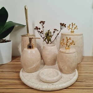 High Standard Quality Marble Six-Piece Bathroom Set Round Luxury Style With Gold Accents Easy To <b>Clean</b> - Product Image 3
