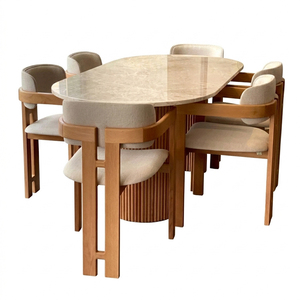 Juego de Comedor Moderno y Duradero Aurevino, Mesa Ovalada de Mármol, Patas de Madera, Sillas Tapizadas en Tela con Respaldo Sólido, Estilo Escandinavo - Product Image 2