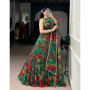 ชุดเลเฮนกาโชลีผ้าฝ้ายลายดอกไม้หลากสีเขียวพรีเมียม พร้อมผ้าคลุมไหล่ สำหรับงานหมั้น งานแต่งงาน และงานปาร์ตี้สำหรับเด็กผู้หญิง - Product Image 1