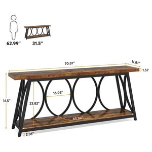 Table console à 2 niveaux en bois d'acacia massif naturel avec cadre circulaire en métal noir pour le salon, l'entrée, les meubles - Product Image 1