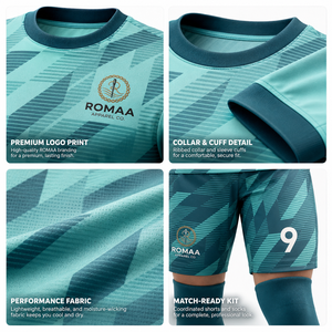 ชุดเสื้อฟุตบอลสั่งทำ ROMAA แบบซับลิเมชั่น แขนสั้น ทรงสปอร์ต ยูนิเซ็กซ์ ผ้าสี่ทิศทาง ยืดหยุ่นได้ คอวี ระบายเหงื่อ ลายเรขาคณิต - Product Image 3
