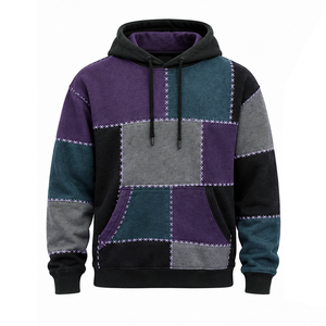 Sweat-shirt à capuche polaire vintage délavé pour homme, style gothique Halloween, avec patchwork et broderie en point de croix, coupe oversize et poche kangourou - Product Image 1