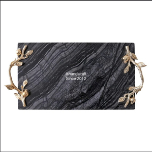 Plateau de service moderne en marbre blanc avec poignées en forme de branche d'olivier dorée, rectangulaire, décoratif, pour Pâques, mariage, Shabbat, Rosh Hashanah, avec corde - Product Image 5
