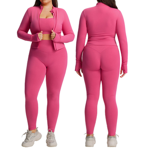 Pink Plus Size 2 Piece Yoga Set High Waist Full Length Leggings Long Sleeve Zipper Crop <b>Top</b> Seamless Sportswear - Product Image 1
