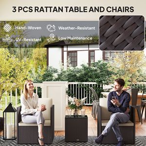 Set di Mobili da Giardino in 3 Pezzi Marrone con Piedini Regolabili e Cuscini Lavabili, Include Tavolino in Vetro per Giardino e Balcone - Product Image 4