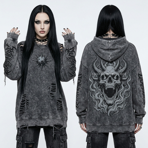 Sweat à capuche pour femme 400 GSM gris anthracite délavé, épais, avec détails déchirés et troués, motif crâne cornu, style gothique streetwear - Product Image 1