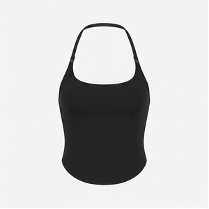 Débardeur sans couture à col halter, noir uni, sans manches, vêtements de yoga, vêtements de sport pour femmes - Product Image 1