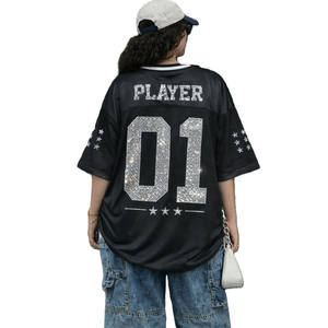Camiseta Deportiva de Fútbol Americano Personalizada con Pedrería para Mujer, Estilo Oversize, Malla Transpirable, Ropa Urbana, OEM, Marca Privada, Venta al Por Mayor - Product Image 4