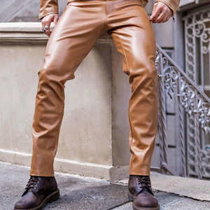 Men Genuine Leather Lightweight Casual Mid Waist Nonwoven Straight <b>Drawstring</b> Slim Fit <b>Trousers</b> with Customizable Logo - Product Image 1