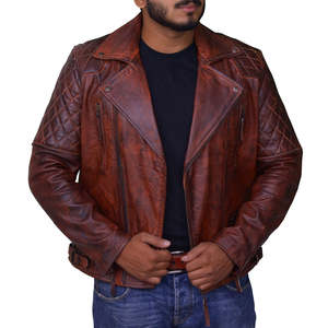 Blouson matelassé vintage en cuir de vachette pour homme, style motard urbain, imperméable, écologique, rouge et noir, effet ciré et délavé, col montant - Product Image 1