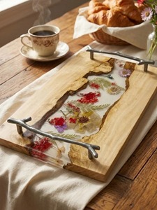 Handmade Epoxy Resin Wedding Ramadan Serving Tray <b>Pressed</b> <b>Flowers</b> Twig Metal Handles Modern Design Custom Size REHMAN CRAFT - Product Image 5