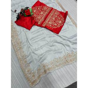 Saree fantaisie en soie brodée Rangoli avec chemisier en soie 100% non cousu couleur blanche - Product Image 3