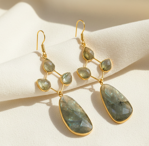 ต่างหูลาบราดอไรต์ธรรมชาติ |   รูปทรงลูกแพร์ แบบแฟนซีคัท |   เงินแท้ 925 ชุบทอง 18K |   ต่างหูแบบติดหูขนาด 6 นิ้ว น้ำหนัก 22 กรัม - Product Image 3