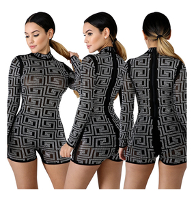 Mono de mujer negro con pedrería geométrica, manga larga, cuello alto, cintura alta, transparente, de spandex, sexy, ajustado para discoteca - Product Image 6