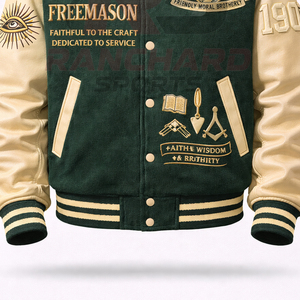 Chaqueta Universitaria Personalizada de Estilo Masónico – Cuerpo de Lana Premium con Mangas de Cuero PU y Símbolos Bordados - Product Image 3