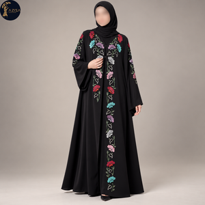 Abaya noire brodée de fleurs avec col en V et manches fluides |   Tenue musulmane modeste longue pour les soirées et les occasions spéciales - Product Image 1